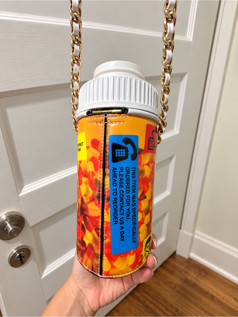 Moschino White, Yellow and Red Pill Bottle Crossbody Bag with Gold Chain - Picture 3 of 5